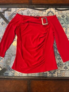 Vintage Anxiety Cafe Off-Shoulder Red Ruched Top with Decorative Buckle